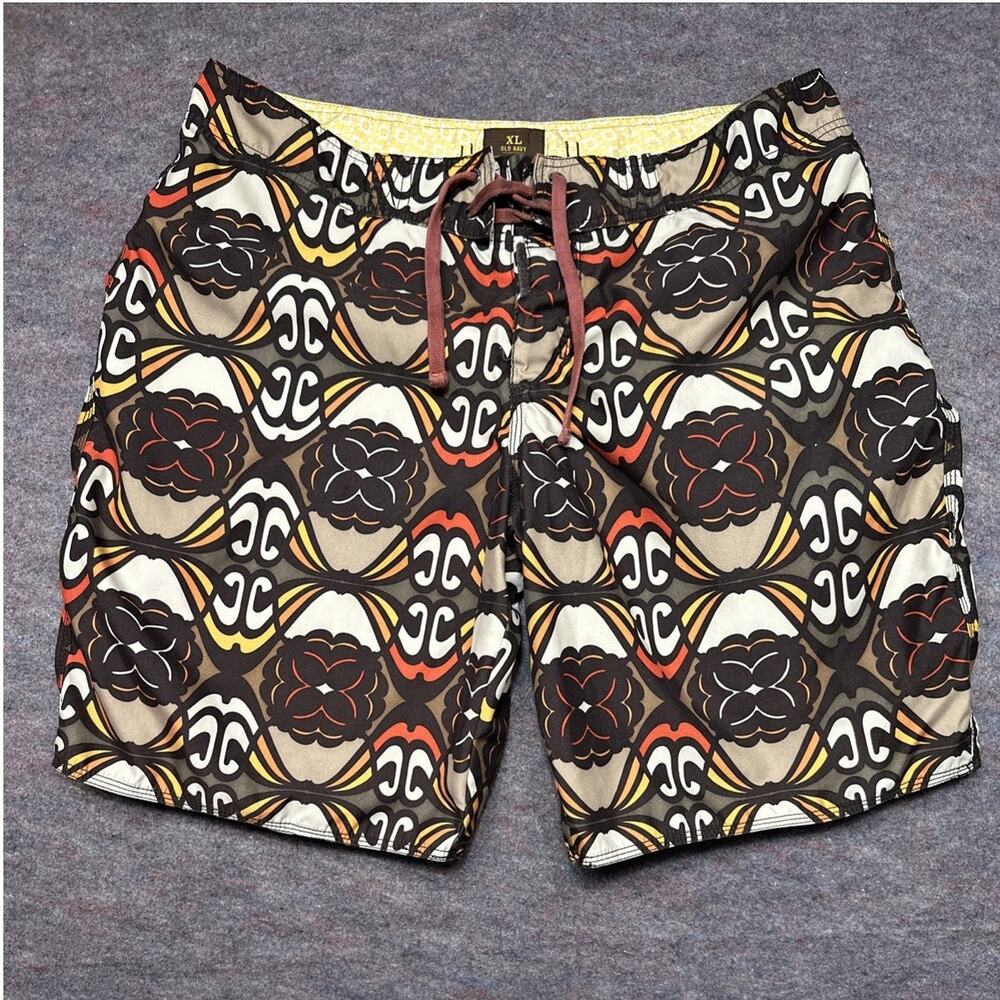 Vintage Old Navy Swim Trunks Y2K Mens XL Brown/Yellow Beach Board Shorts Surf